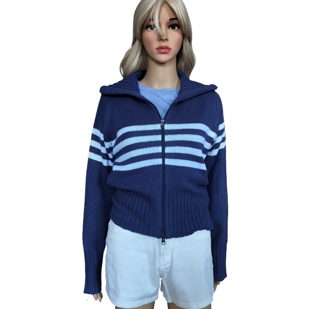 Hooked Up Blue and White Turtle Neck Zipper Up Striped Cardigan Size L NWT